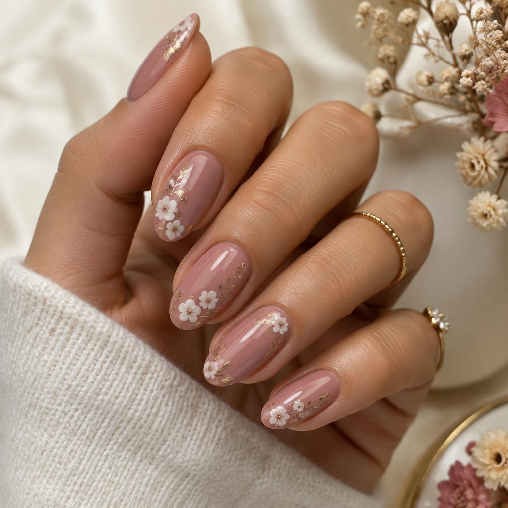 Dusty rose manicure with floral details